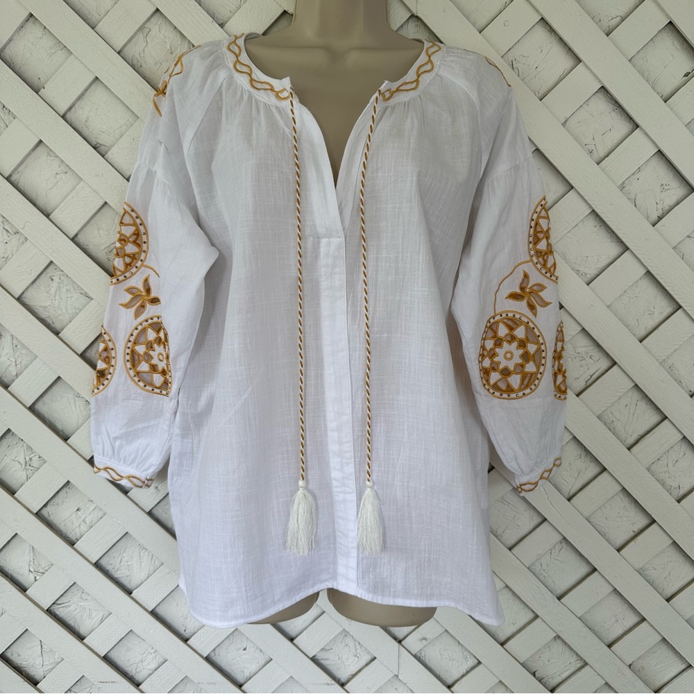 RD & koko Embroidered Embellished Linen Blend Boho Top Size Small
